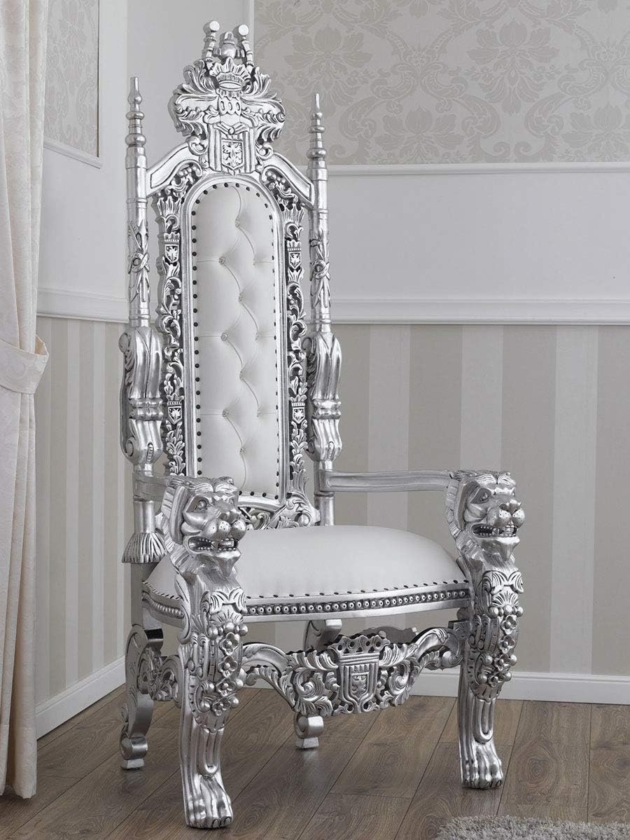 SIMONE GUARRACINO LUXURY DESIGN Throne Lion Modern Baroque Style Royal Armchair Silver Leaf Faux Leather White Gems Buttons Crystal Sw