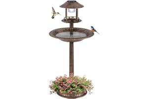 LDAILY Outdoor Bird Bath, 42’’ Solar Lighted Pedestal Birdbaths with Bird Feeder ,20’’ Water Bowl, Flower Planters and 3 Stakes, Attract Birds Antique Bird Bath for Outside Garden, Yard (Bronze, 42‘’)