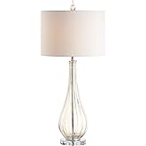 JONATHAN Y 32.75" Champagne Glass Table Lamp, Traditional Teardrop Crystal Bedside Lamp with White Faux Silk Drum Shade for L
