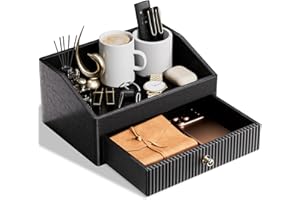 LADSTAG Desk Accessories,Black Vegan Leather Desk Organizers with 1 Draw & Tray,Remote Control Holder with Gold-Tone Metal Accents Knob for End Tables,Bedside Table,Bedroom