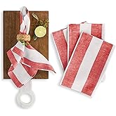 Solino Home Linen Napkins Set of 4-100% Pure Linen Cabana Stripe Red and White Cloth Dinner Napkins 20 x 20 Inch for Mothers Day, Winter - Handcrafted and Machine Washable