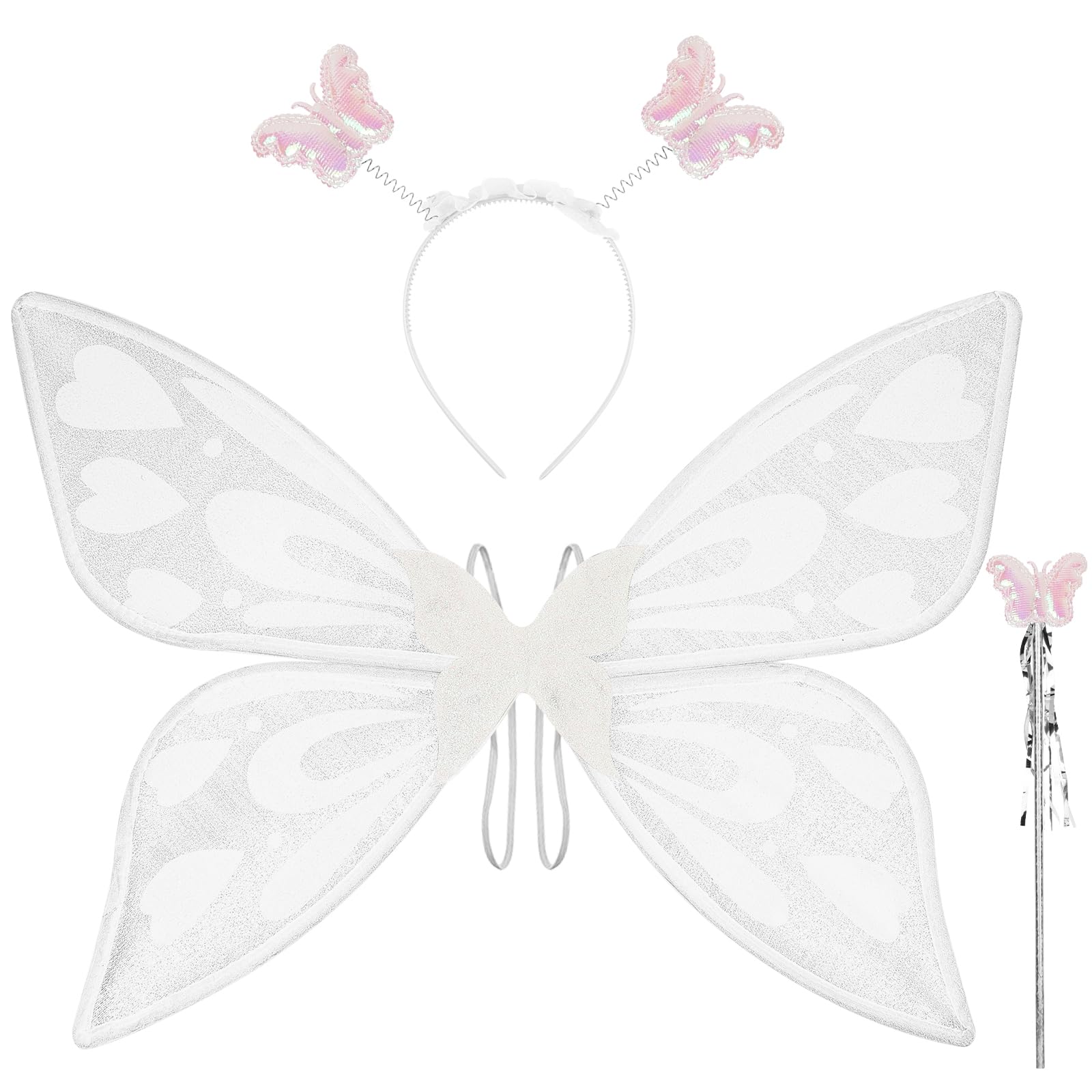DiULi Fairy Wings, Kids Butterfly Wing Cape Fairy Angel Princess Costume Fairy Wings Set With Wands Headband Fairy Wing Butterfly Elf Dress up Set for Halloween Birthday Chrismas Party(White)