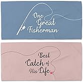 WAITPI Couple Funny Fisherman Beach Towel Set of 2, Honeymoon Wedding Beach Towels Gifts for Newlywed Bride Groom Valentine's Day, Blue and Pink Quick Dry Towels Oversized Decor for Bathroom 30x60in
