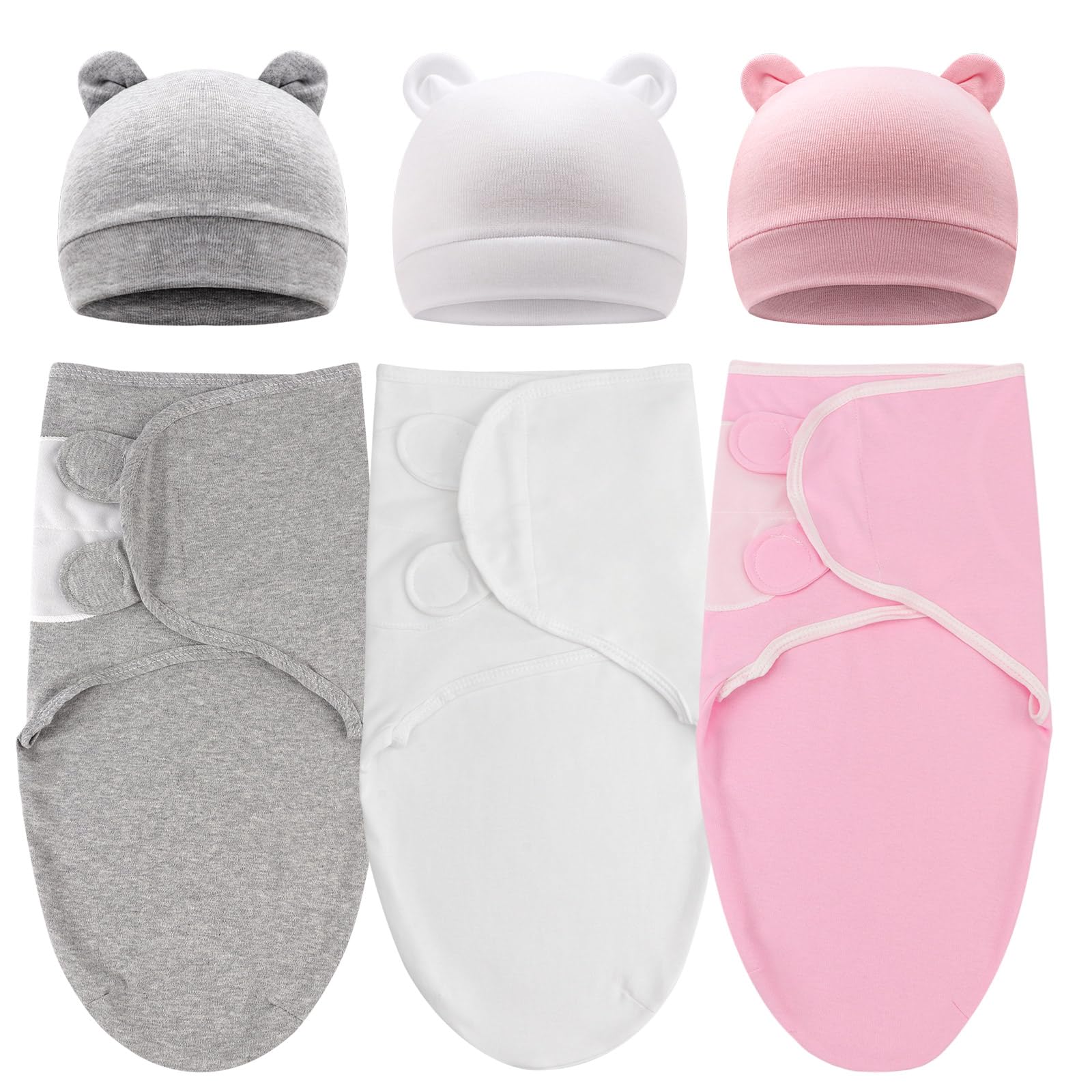 DRESHOW 3 Pack Newborn Swaddle Blanket with Hats Baby Printed Swaddles Infant Adjustable Swaddling Wraps for 0-3 Months Girls Boys