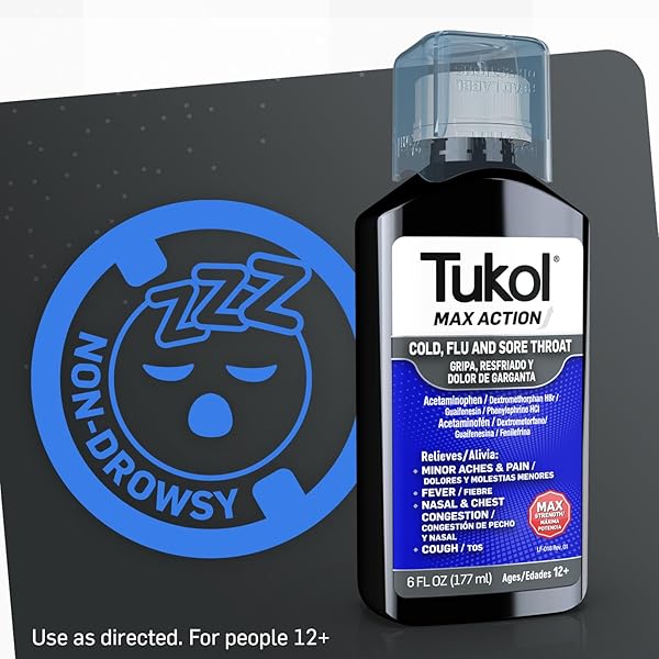 TUKOL MAX ACTION – COUGH & COLD MEDICINE, COLD & FLU MEDICINE FOR ADULTS, RELIEVES SORE THROAT, FEVER, NASAL & CHEST CONGESTION, AGES 12 AND UP, MAX STRENGTH FORMULA, 6 FL OZ