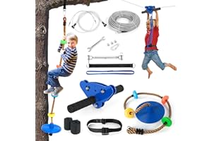 JOYLDIAS 118FT Zipline Kits for Backyard with Upgraded Climbing Swing Rope and Seat, Zip Lines for Kids and Adults with Spring Brake, Safety Harness Zip Line for Kids Outdoor Playground Games