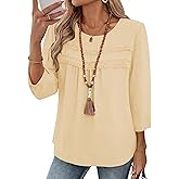 Ivicoer 3/4 Length Sleeve Womens Tops Crewneck Dressy Casual Chiffon Blouses Flowy Lace Boho Clothing Trendy 2026
