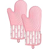 Slohif Long Silicone Oven Mitts Heat Resistant for Women - 2 Pcs Pink Bow 100% Cotton Oven Gloves, Non-Slip and Waterproof Silicone Oven Mitts with Hanger for Baking and Cooking