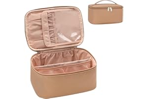 OCHEAL Makeup Bag, Portable Cosmetic Bag, Large Capacity Travel Makeup Case Organizer, Black Makeup Bags For Women Toiletry Bag for Girls Traveling With Handle and Divider-Beige Apricot