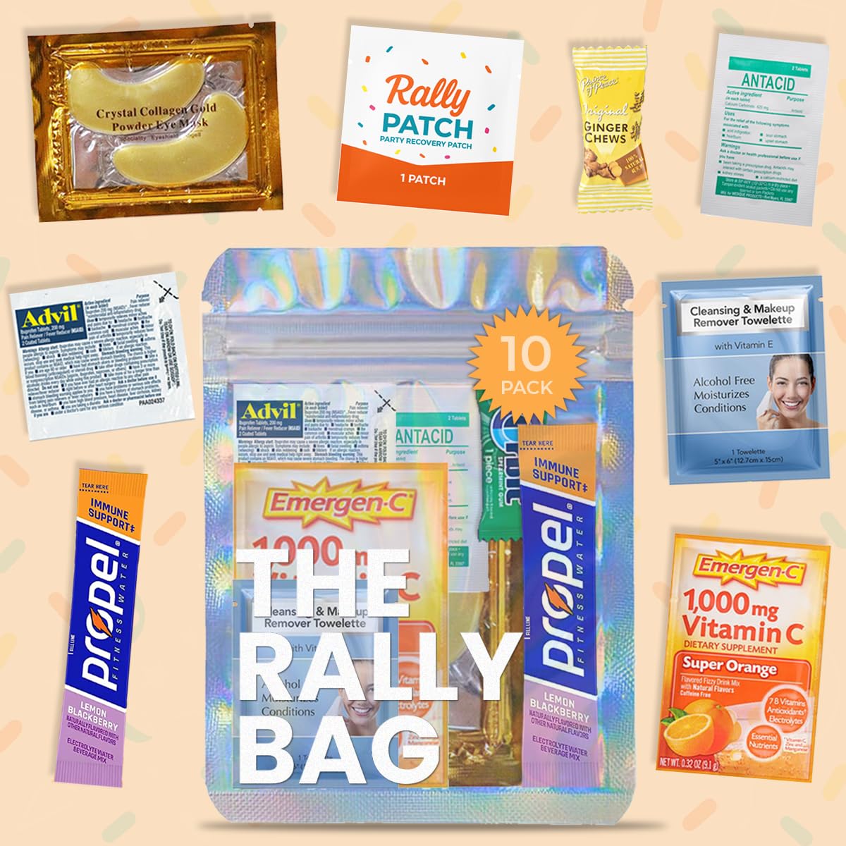 Photo 1 of The Rally Bag - 10 Pre-Filled Hangover Kits – Bulk Pre-Filled Hangover Gift Bags, Recovery Kits & Goody Bags for Bachelorette Party Favors, Girls Trip Essentials, Wedding Parties & 21st Birthdays by Real Vitamins (10 Kits)