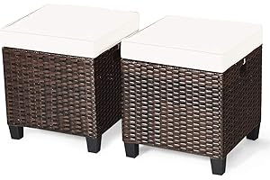 HAPPYGRILL 2 Pieces Patio Ottoman Set Outdoor Rattan Wicker Ottoman Seat with Removable Cushions Patio Furniture Footstool Footrest Seat