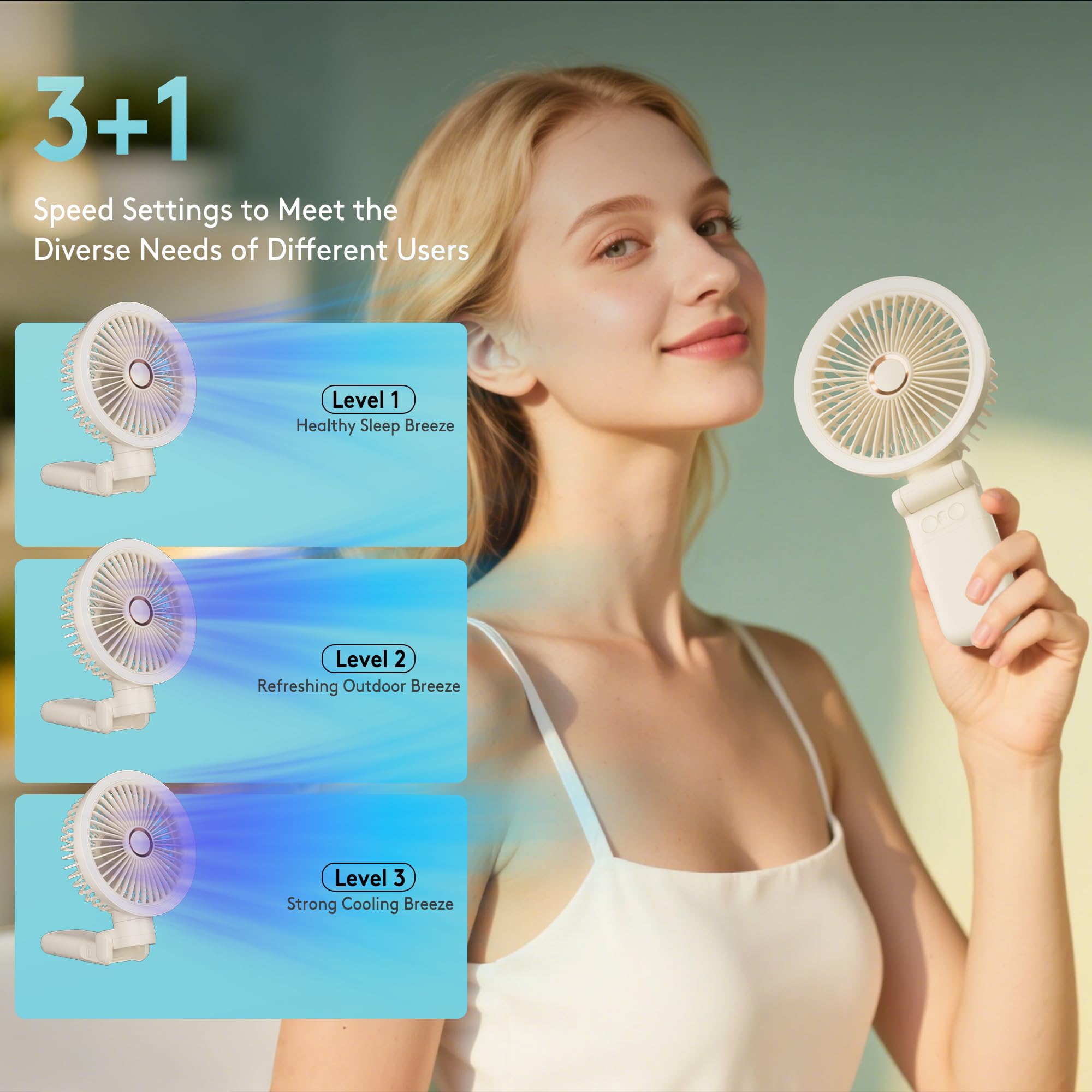 Personal Fan, 4-Speed Oscillating and 360°Rotating with LED Light, 4-in-1 Handheld/Desk/Clip-On/ Wall-Mounted Portable Fan, 5400mAh Rechargeable, Ideal for Travel/Camping/Stroller (11inch, Beige)