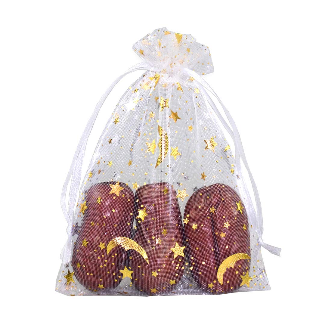 SUNGULF 100Pcs Sheer Organza Drawstring Pouches Stars and Moon Wedding Party Favor Jewelry Candy Gift Bags (4x5 inch, White)