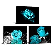 Turquoise Wall Decor for Bedroom 3 Piece Canvas Wall Art Teal Blue Rose Flowers Pictures Prints Black and White Painting Framed Artwork Ready to Hang Each Size 12x16
