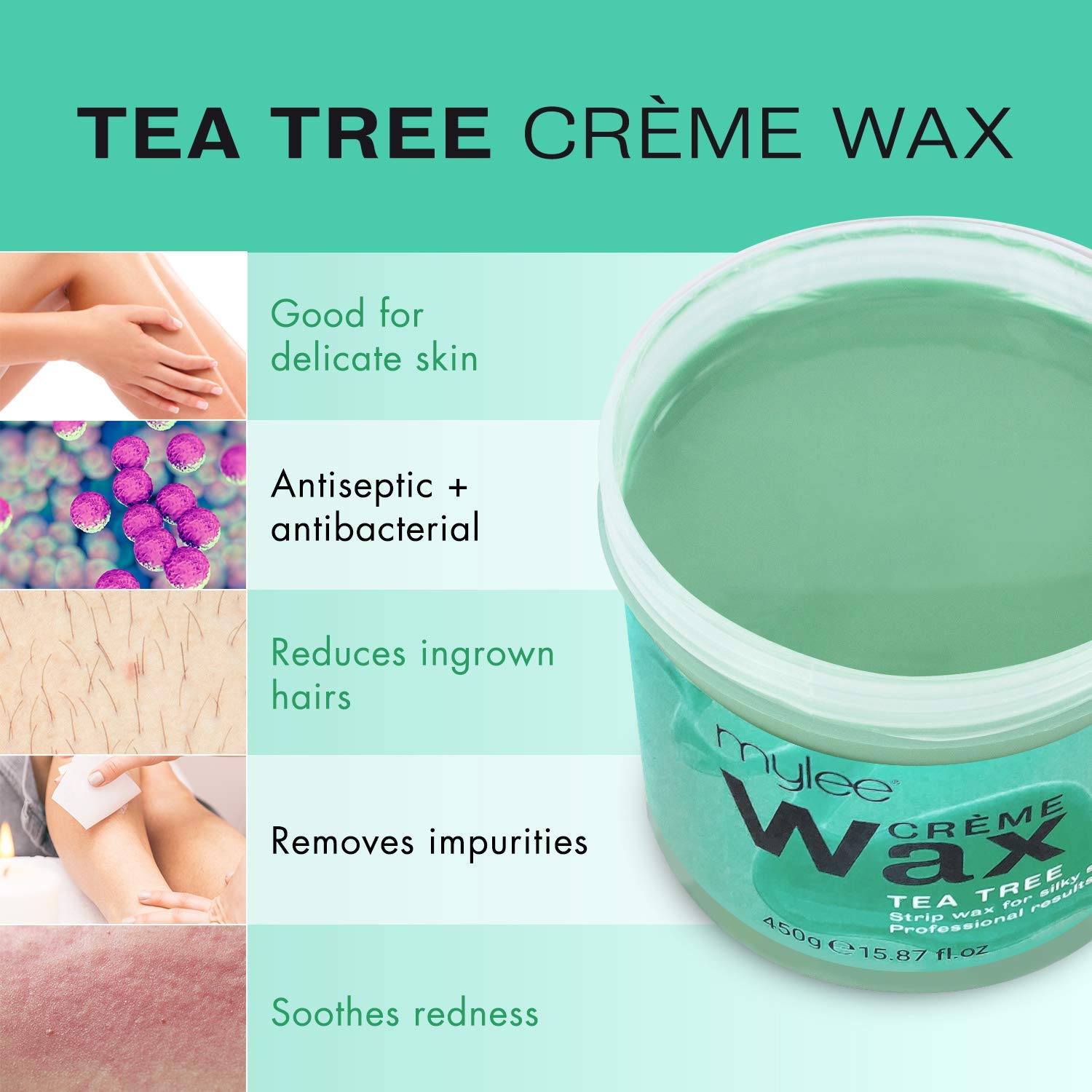 Mylee Tea Tree Soft Creme Wax for Sensitive Skin 450g, Microwavable