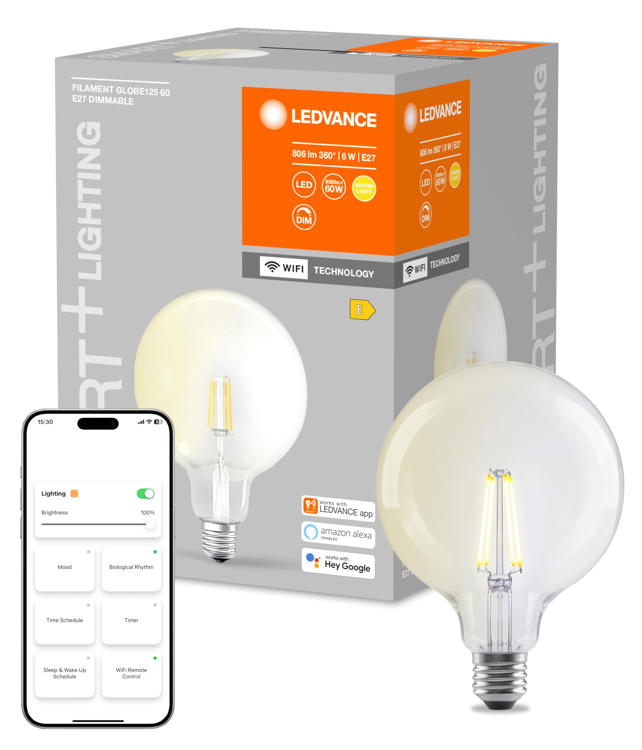 LEDVANCE Smart LED lamp with WiFi Technology, Base: E27, Warm White, 2400 K, 5.50 W, Replacement for 60 W Incandescent Bulb, Works with Google & Alexa Voice Control, SMART+ Filament Globe Dimmable
