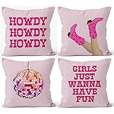 HIWX Hot Pink Preppy Howdy Cowgirl Boots Disco Ball Girls Just Wanna Have Fun Decorative Pillowcase Throw Pillow Cover,Preppy Art for Sofa Bed Girls Room Dorm Decor 18 x 18 Inch Pillow Case Set of 4
