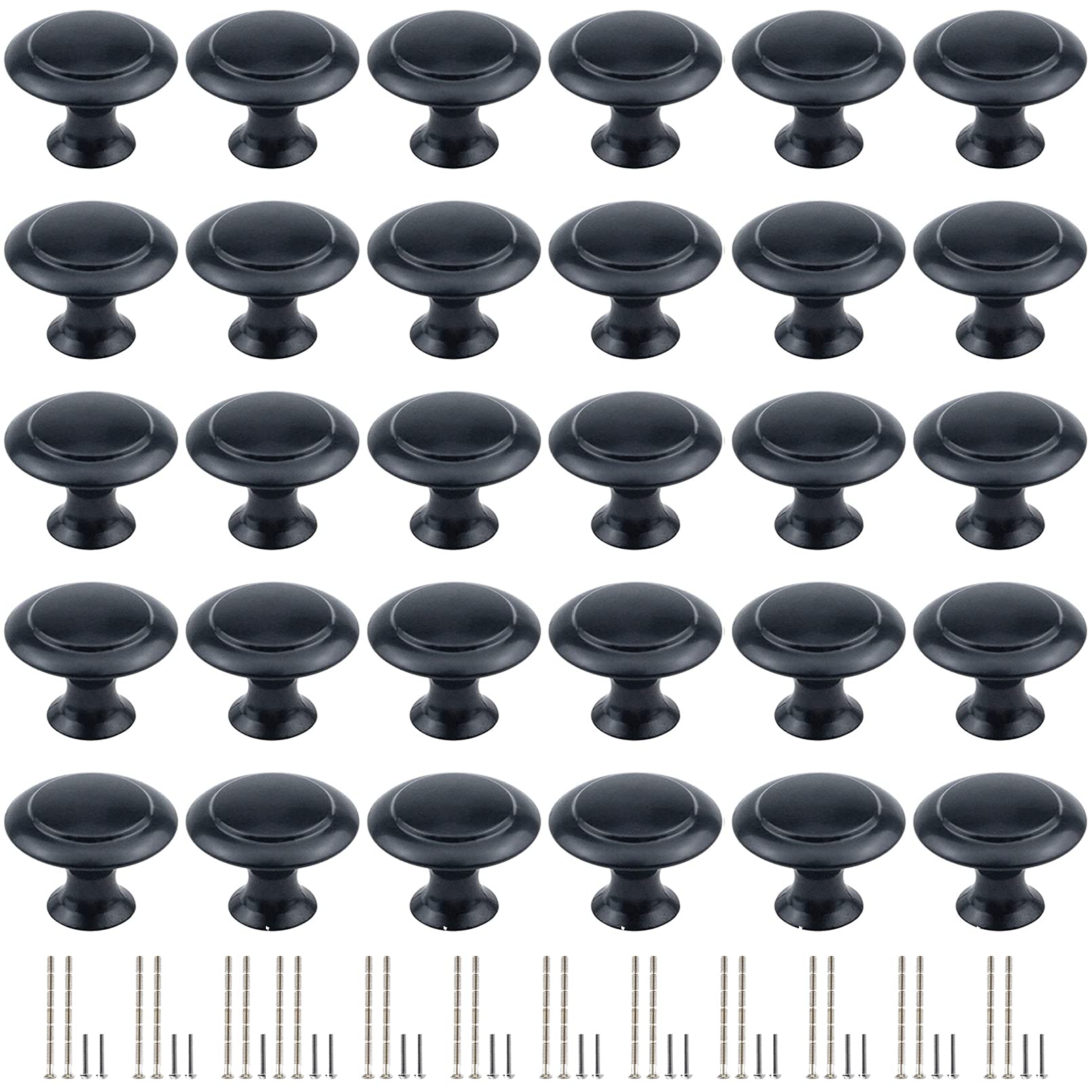 30 Pack Round Kitchen Cabinet Knobs, Fitepro 1.2" 30mm Flat Black Zinc Round Drawer Knob for Cabinets Dressers Drawers Cabinet Hardware with Screw