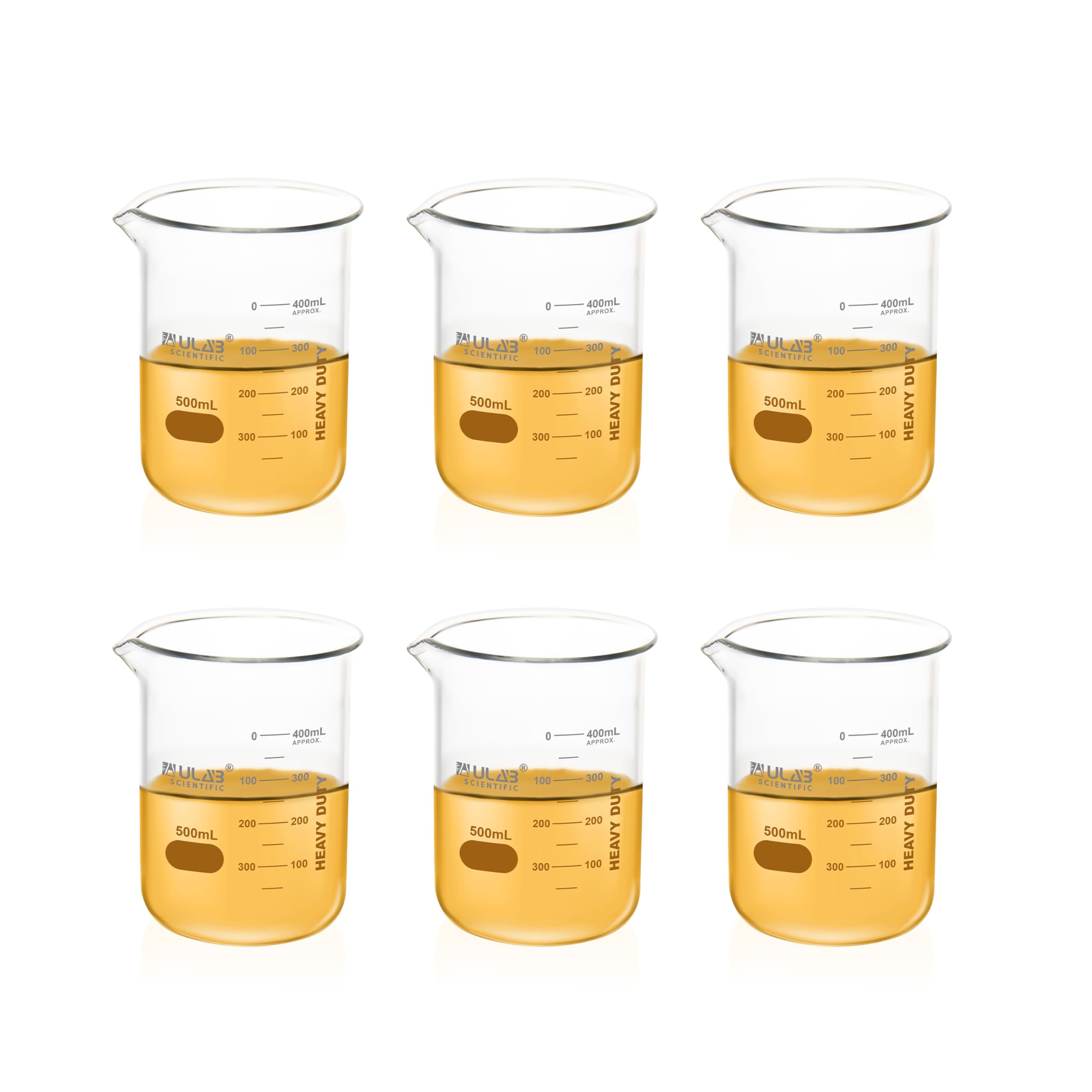 ULAB Scientific Glass Beakers, Vol. 500ml, 3.3 Borosilicate Griffin Low Form with Printed Graduation, Pack of 6, UBG1038