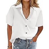 HOTOUCH Cotton Linen Button Down Shirt for Women V Neck Collared Blouse Casual Short Sleeve Tops with Pocket