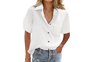 Hotouch Cotton Button Down Shirt Women Casual Blouse Office Boyfriend Short Sleeve Tops