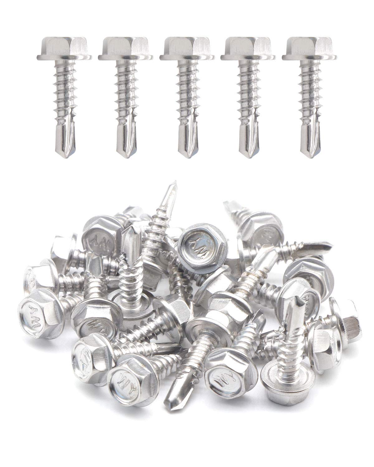 25pcs #10 x 3/4" Stainless Hex Washer Head Self Drilling Screws, 410 Stainless Steel Full Thread Sheet Metal Tek Screws