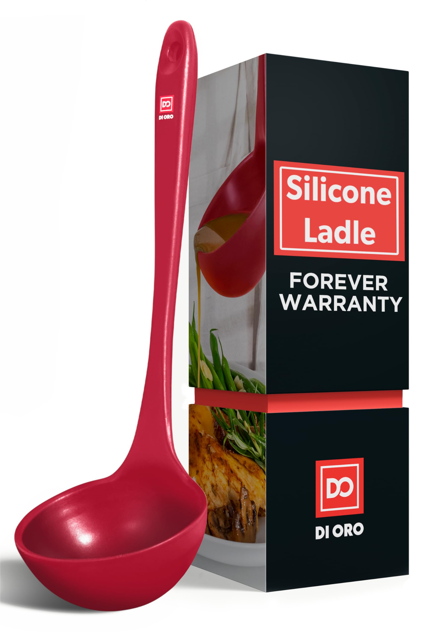 DI ORO® Silicone Kitchen Soup Ladle – 315°C Heat-Resistant Serving and Rubber Cooking Spoon – Maximum Bowl Capacity – Dishwasher Safe with a Heavy-Duty Stainless-Steel Core (Red)