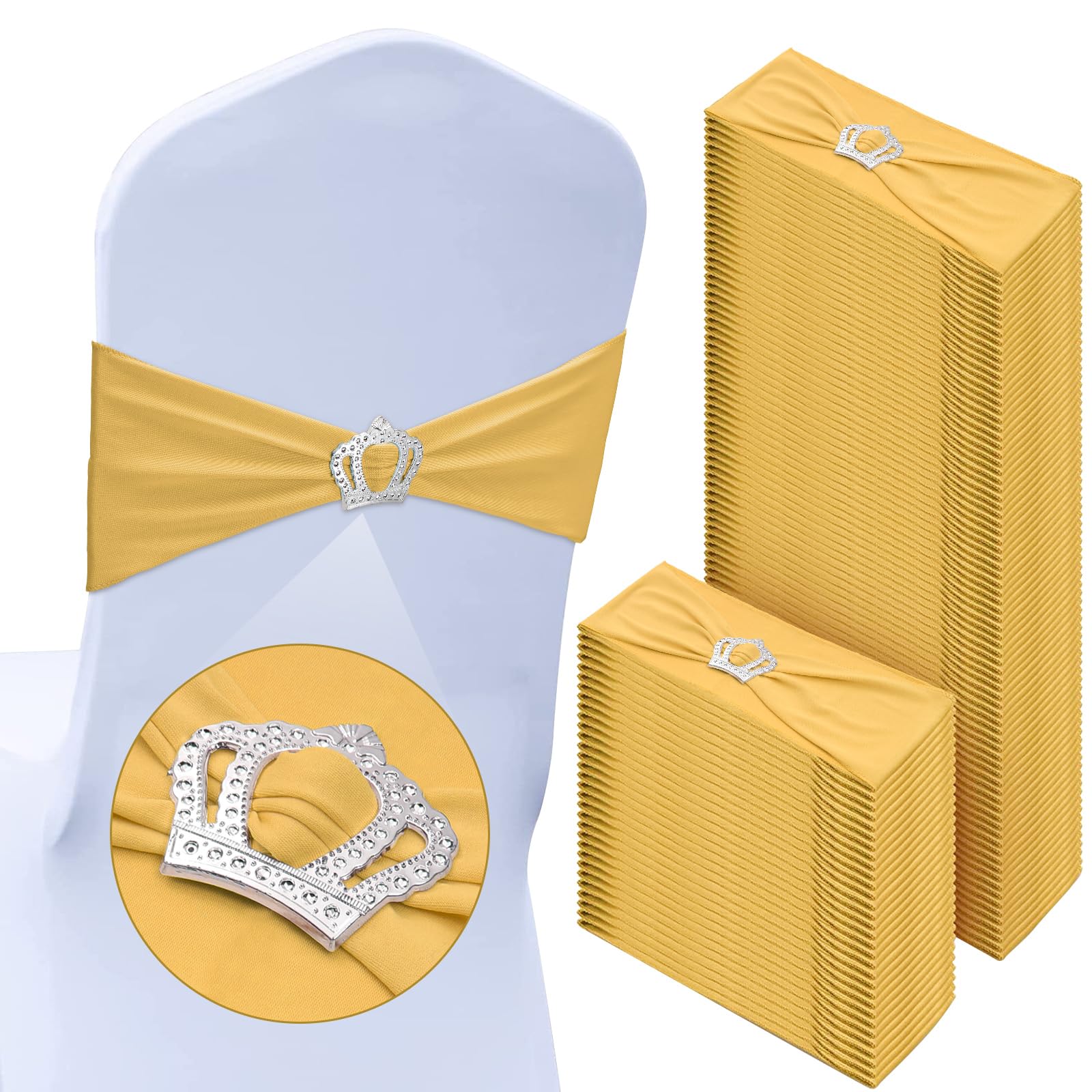 Photo 1 of 100 Pcs Spandex Chair Sashes with Crown Buckle Slider Stretch Chair Bands Cover Ties for Wedding, Banquet, Gala, Corporate Event, Birthday Party, Baby Shower(Light Gold)