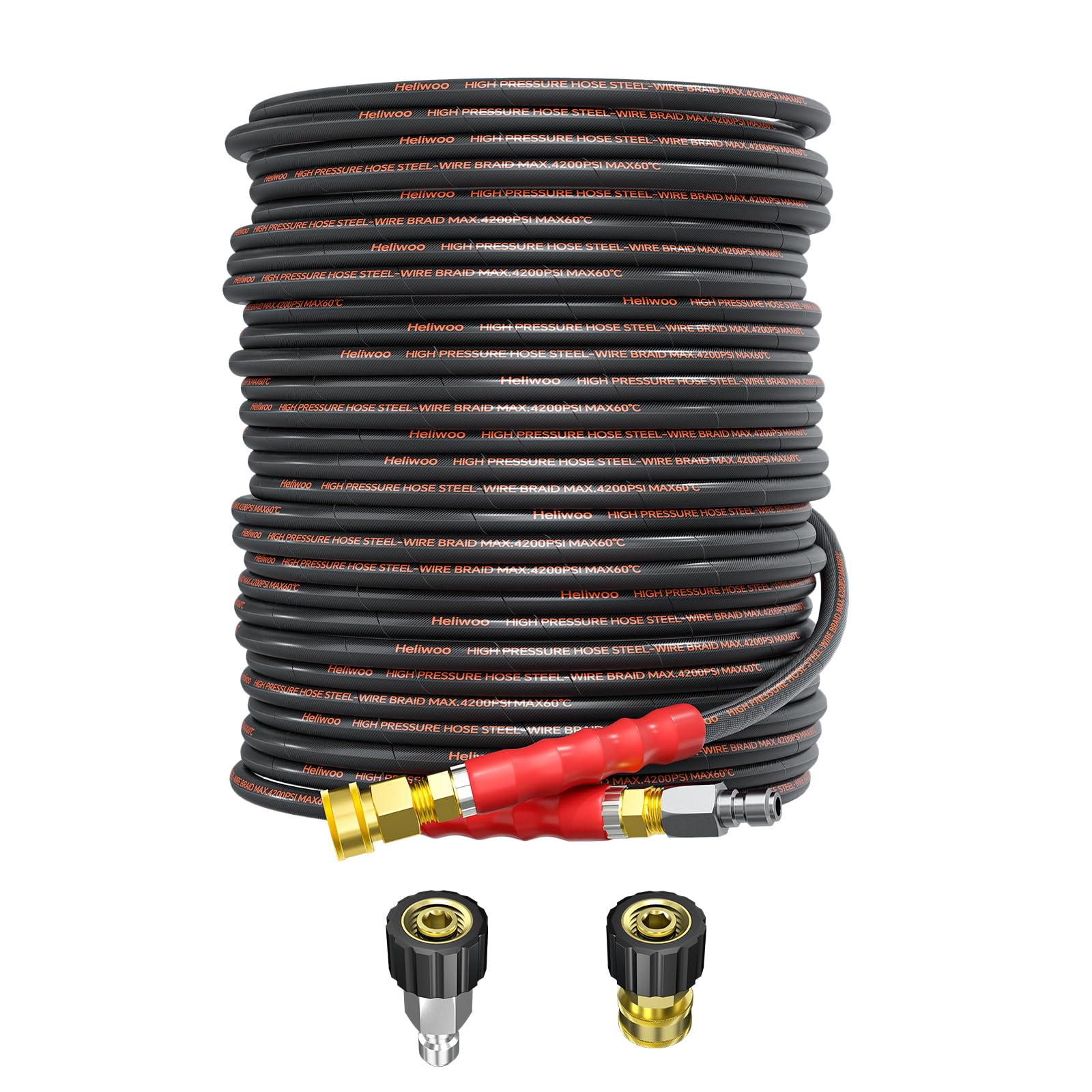 Photo 1 of Heliwoo Pressure Washer Hose 100FT 1/4" for Cold & Hot Water (Up to 140?) 4200 PSI Kink Resistant Industrial Grade Steel Wire Braided QC Ends with 3/8" Adapters for Professional and Home
