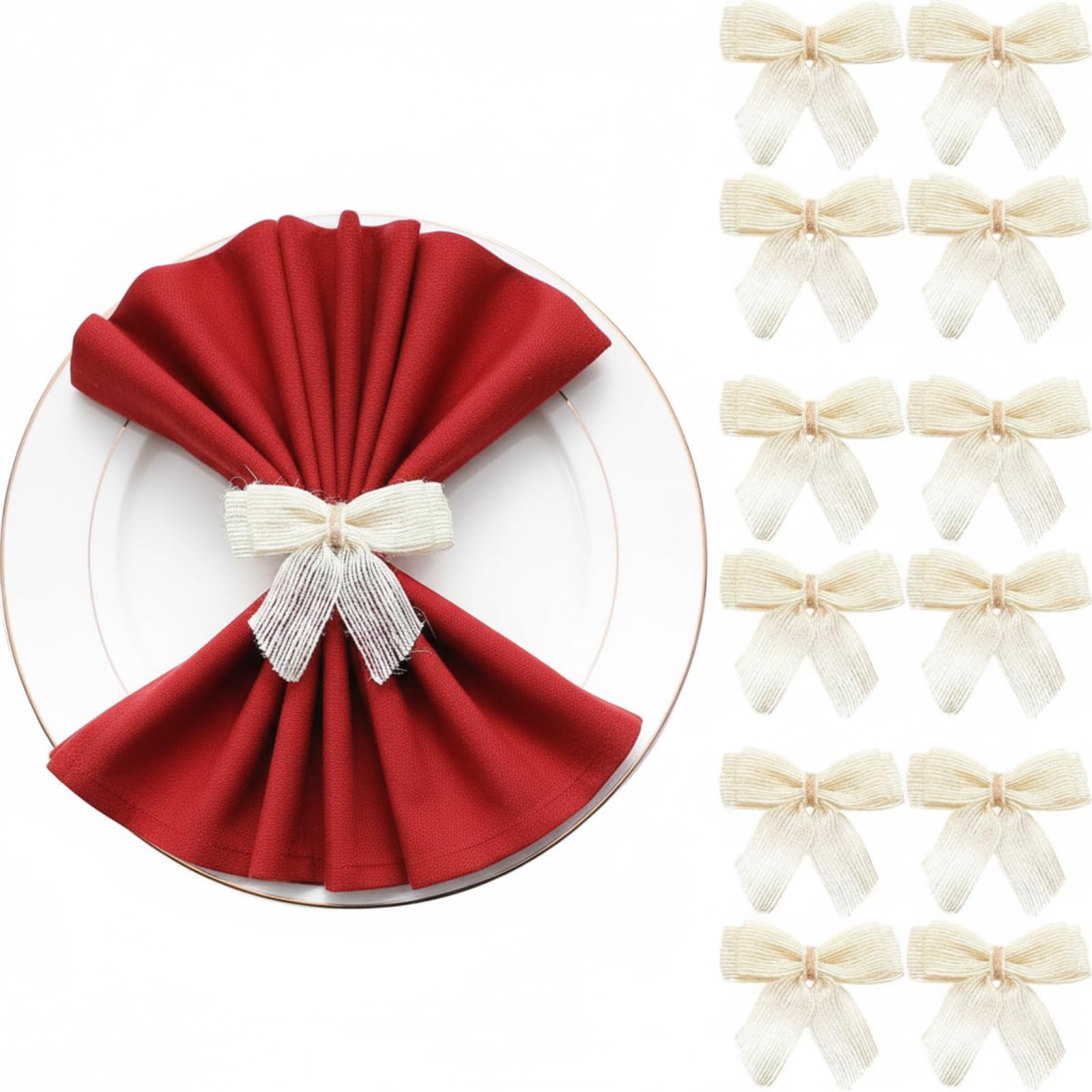 Photo 1 of 24 Pcs Ivory White Burlap Bow Christmas Napkin Rings Bulk Velvet Burlap Bowknot Napkin Rings Holder Buckle for Holiday Winter Festive Banquet Wedding Anniversary Birthday Party Dinner Table Decoration