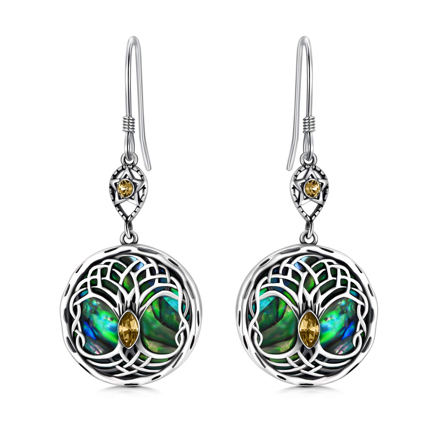 Celtic Tree of Life Earrings Sterling Silver Family Tree Dangle Drop Earrings with Birthstone Crystals, Birthday Jewellery Gifts for Women Her (Yellow)
