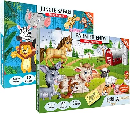 Pola Puzzles 60 Pieces Tiling Puzzles (Jigsaw Puzzles, Puzzles for Kids, Floor Puzzles), Puzzles for Kids Age 5 Years and Above. Size: 37 cm X 24 cm (Farm Friends & Jungle Safari)