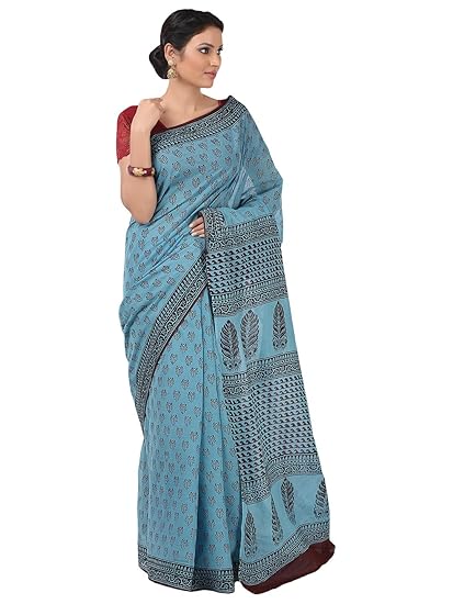 Finest Quality Cotton - Handmade Blue and Maroon Bagh Print - Block Print Saree with Blouse Piece
