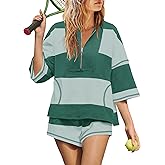 Yanekop Womens 2 Piece Outfits Summer Striped Lounge Set Two Piece Matching Workout Sets Oversized Short Sets Tracksuits