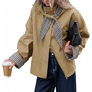 Tankaneo Womens Cropped Trench Coats Fall Jacket with Plaid Detachable Hood | Casual,Mujer,chaquetas,Short Blazer