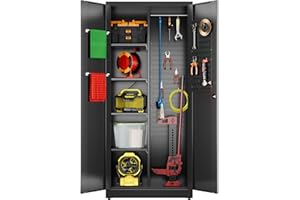 JAORD Broom Closet Storage Cabinet with 5 Pegboard, Hanging Rod &13 Hooks, Utility Metal Garage Storage Cabinets with Doors and 4 Shelves for Garage Home Storage, Black,71.5" H x 34" W x 17" D