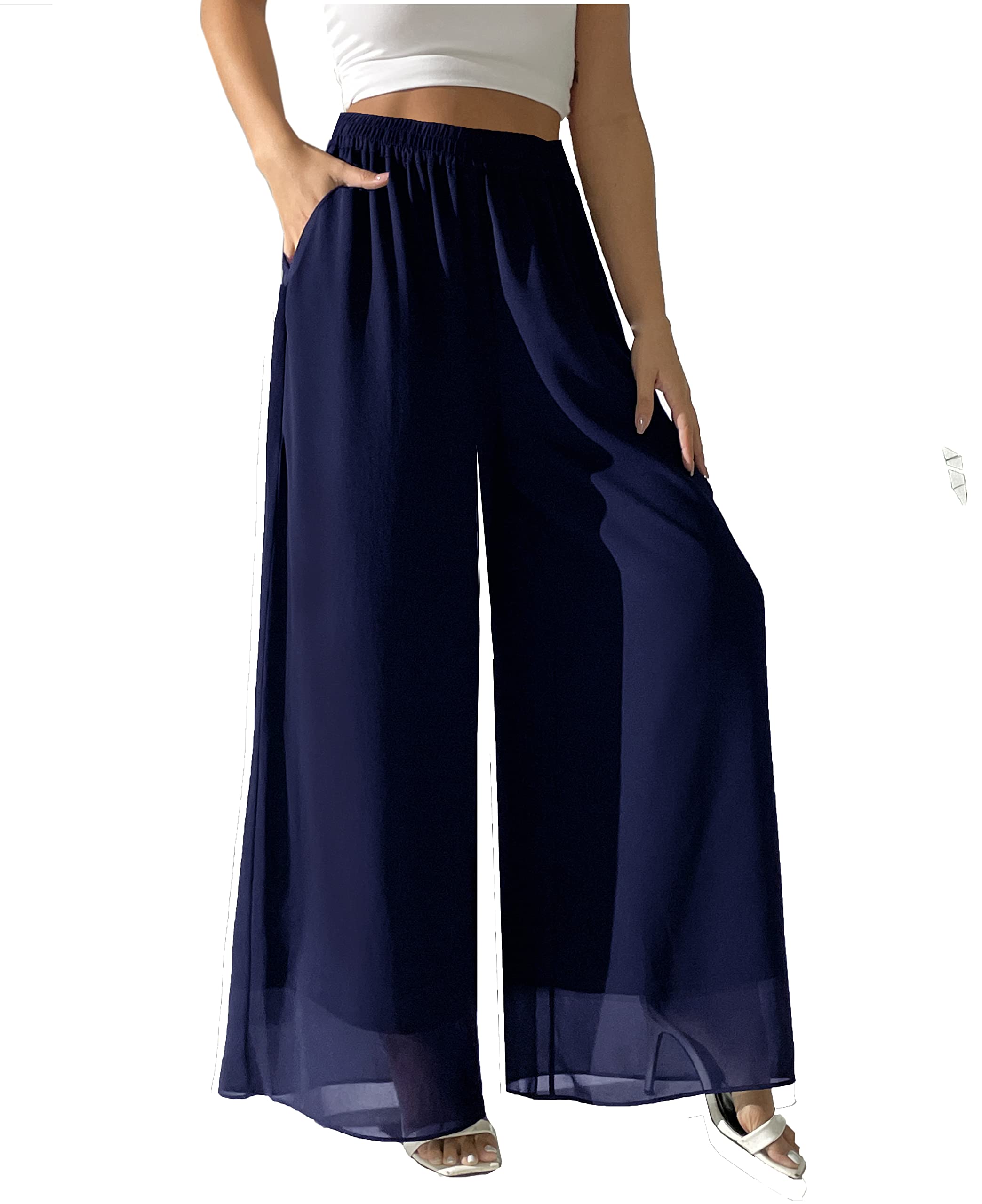 Photo 1 of heipeiwa Women's Chiffon Dress Beach Wide Leg Palazzo Pants Elastic Waist Trouser XL