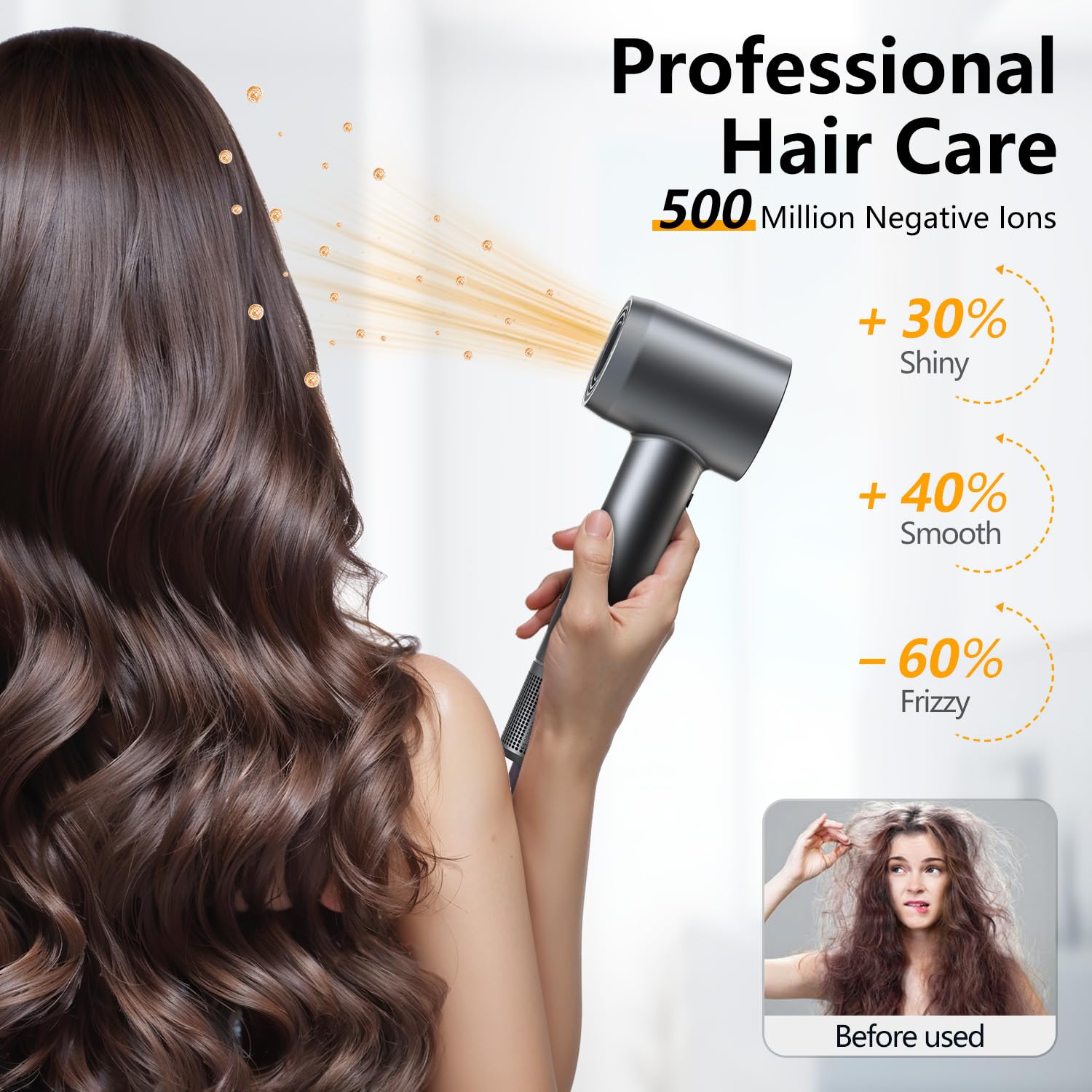 Hair Dryer - 1 Min Fast Drying, High-Speed Blow Dryer with 500 Million Negative Ions, No Heat Damage, Low Noise, Lightweight, Professional Hairdryer with Diffuser & Nozzle, Gunmetal