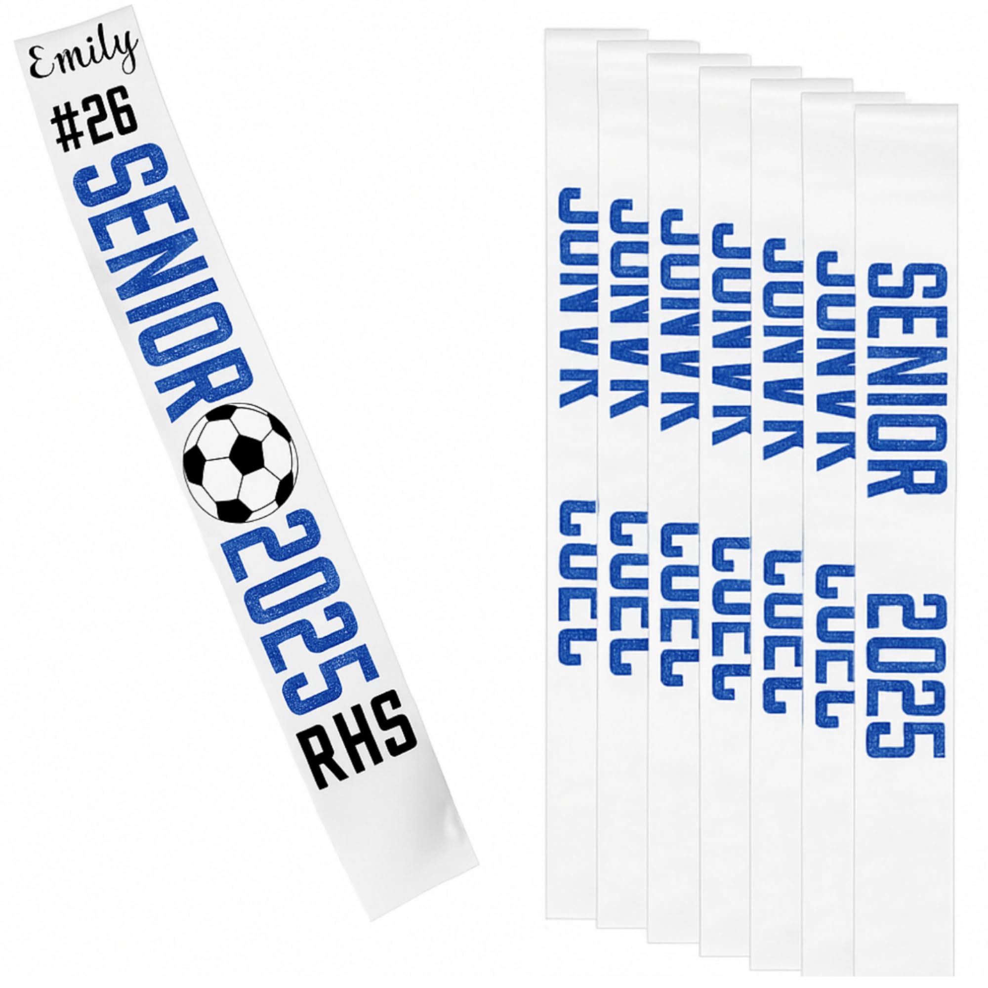 Photo 1 of Suncalla 8 Pcs Personalized Senior 2025 Sashes with Iron on Letters Patterns for Homecoming Party Graduation Cheerleader Celebration (White and Blue,Soccer)