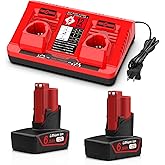 Bakipante 2-Pack 6.5Ah 12V Battery and Charger Set Replacement for Mil-wau-kee 12v Tools 48-11-2420 48-11-2401 48-11-2402 48-11-2450 Battery and 48-59-2401 M-12 Charger