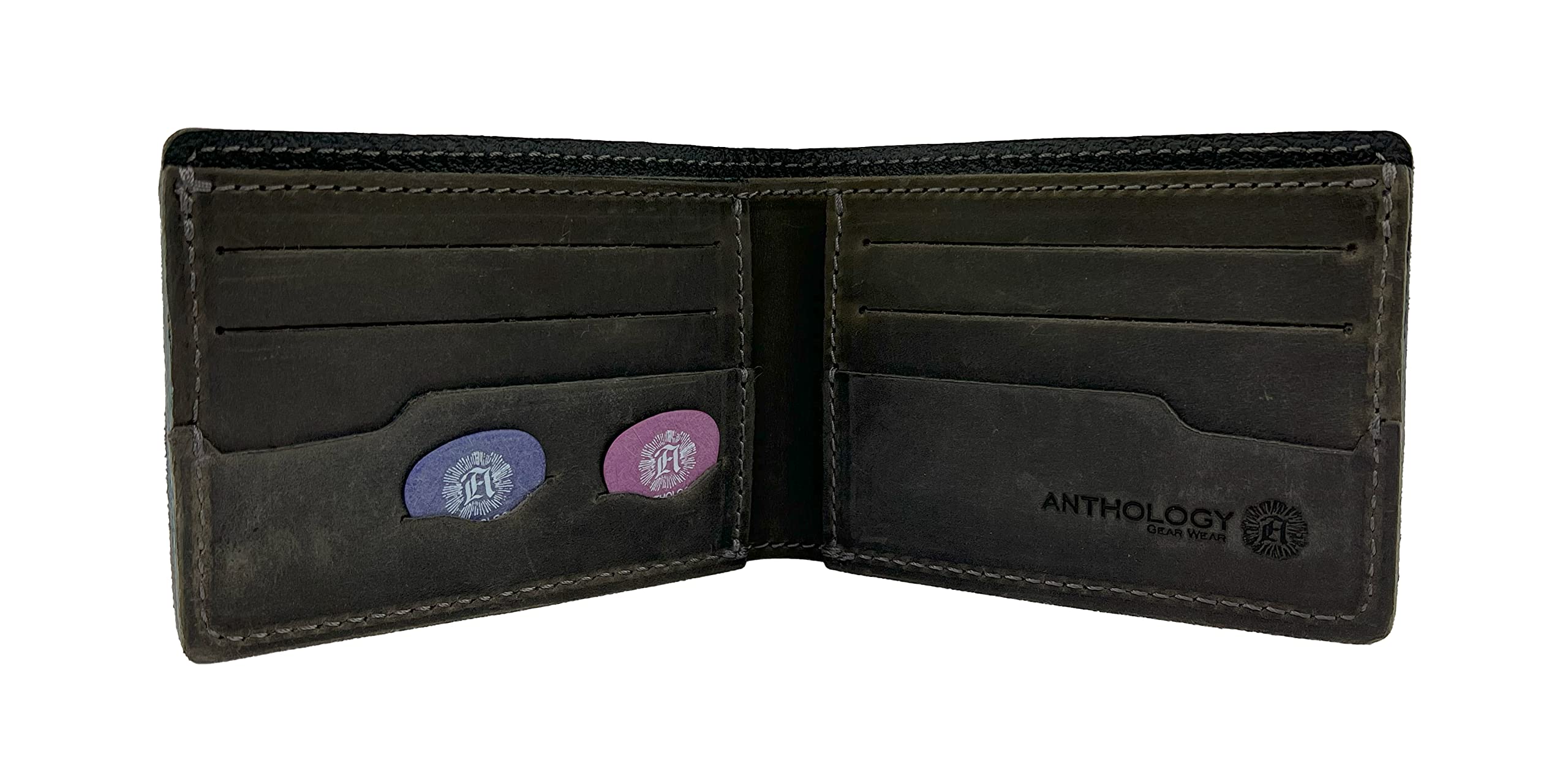 Minimalist Bi-fold Leather Wallet - with Guitar Pick Holder Full Grain Leather by Anthology Gear, Aged Steel, 4.5" x 3.25" x 0.63", Minimalist