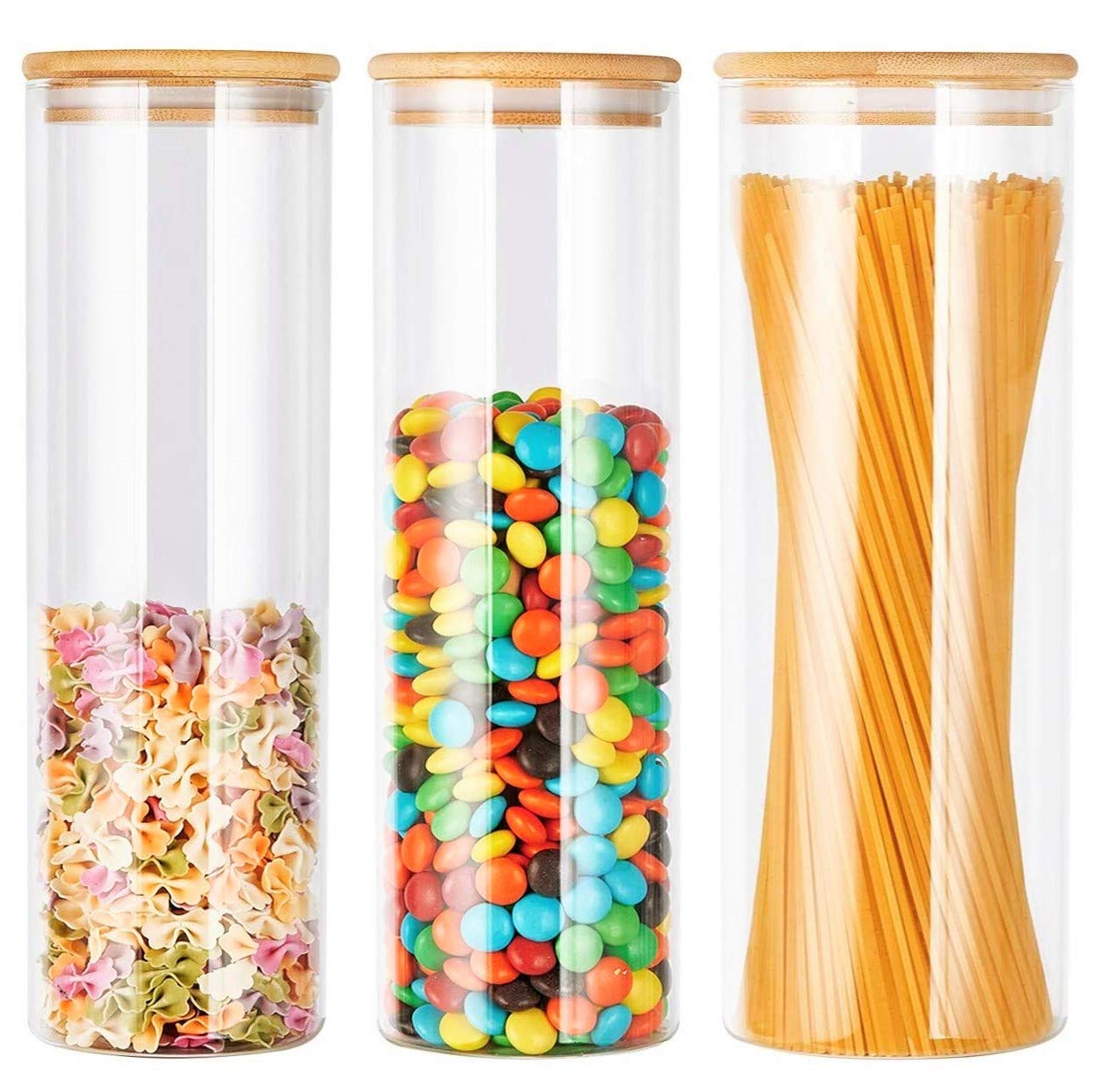 HET KAHEIGN 3PCS Storage Jars with Silicon Ring Bamboo Lids, 1500ml x 2 / 2100ml Air Tight Glass Kitchen Food Cereal Containers for Jam Pasta Spaghetti Coffee Beans Cookie Snack Flour