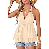 Rooscier Women's Ruffle Sleeveless Halter Deep V Neck Cami Backless Sexy Skater Peplum Top