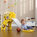 AIYAPLAY Toddler Slide 3-in-1 Climber Basketball Hoop Lion Yellow 18-36 Months view 2