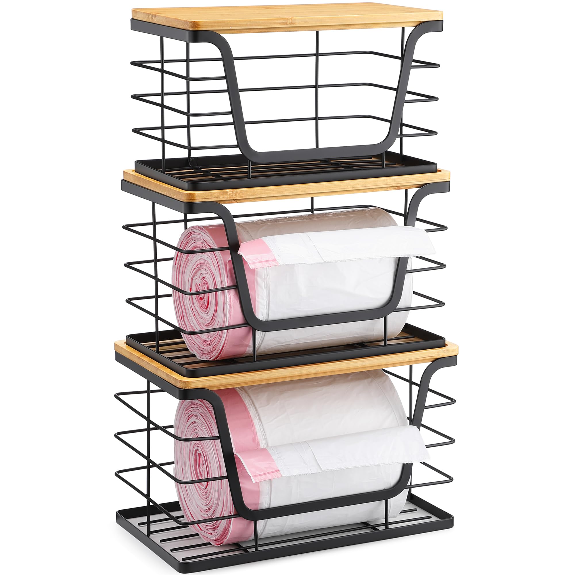 Photo 1 of ALOCEO 3 Pack Stackable Storage Bins with Lids, Stainless Steel Trash Bag Dispenser Roll Holder for for Kitchen Sink, Laundry, Pantry Organizer and Storage
