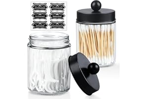 QEIRUDU 2 Pack Glass Apothecary Jars with Lids and Labels - Bathroom Counter Storage Jars, Qtip Holders Vanity Countertop Canisters (Clear)