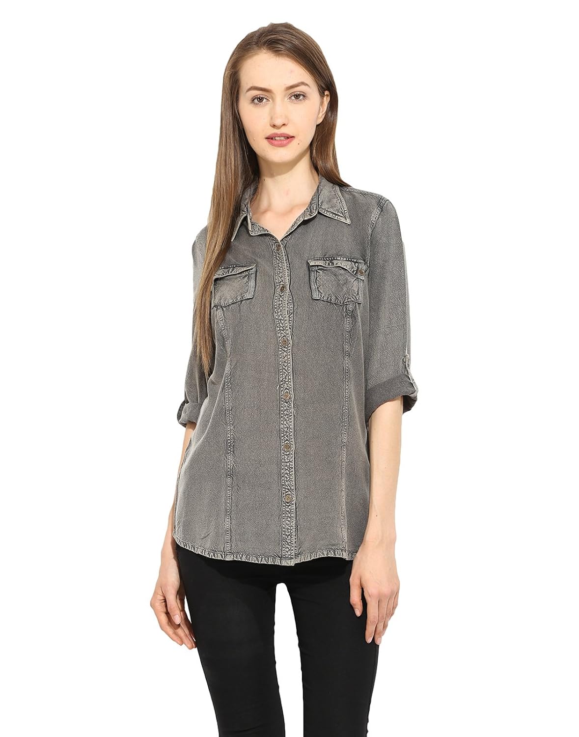 free & young front open washed shirt