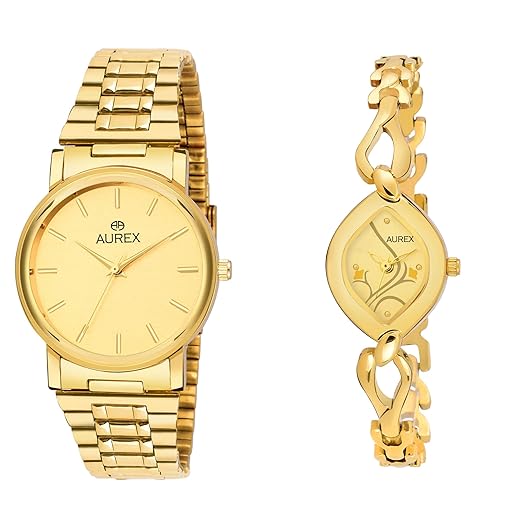 Analogue Gold Dial Womens & Mens Couple Watch - AX-1013G-L2455G