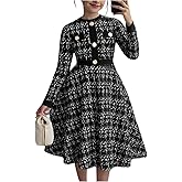 SweatyRocks Girl's Houndstooth Print A Line Dress Crewneck Long Sleeve Button Front Short Dresses