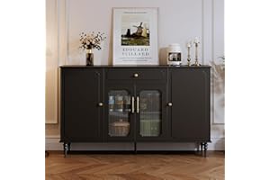 YYJ 59" Large Buffet Sideboard Cabinet with Drawers and Shelves,Modern Buffet Table Coffee Bar Wine Bar Storage Cabinet for Dining Room, Living Room,Kitchen, Black Woody Material Buffet Table